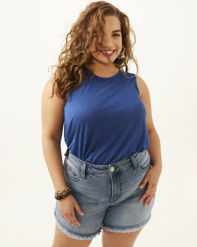 Front of plus size Merida Fray Hem Stretchy Denim Short by Molly & Isadora | Dia&Co | dia_product_style_image_id:196978